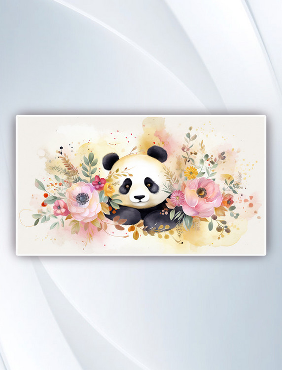 花朵国宝可爱手绘花丛插画熊猫插画