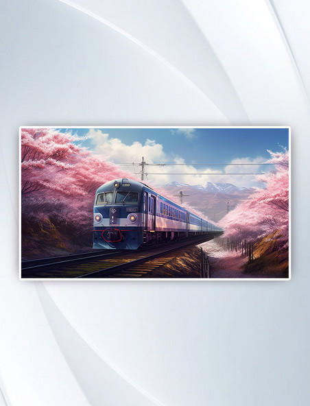 唯美治愈春分节气樱花林中的旅行火车风景数字插画