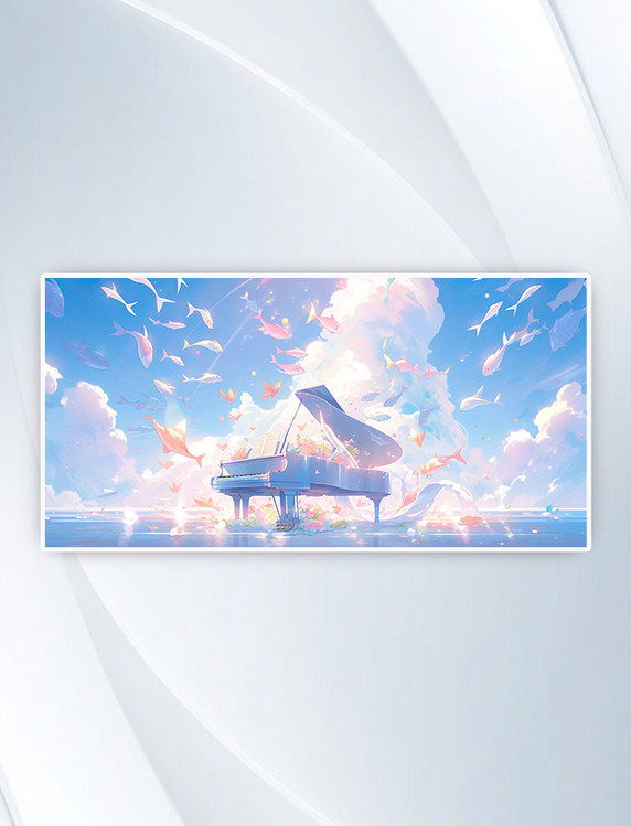 蓝天白云下唯美的乐器钢琴插画