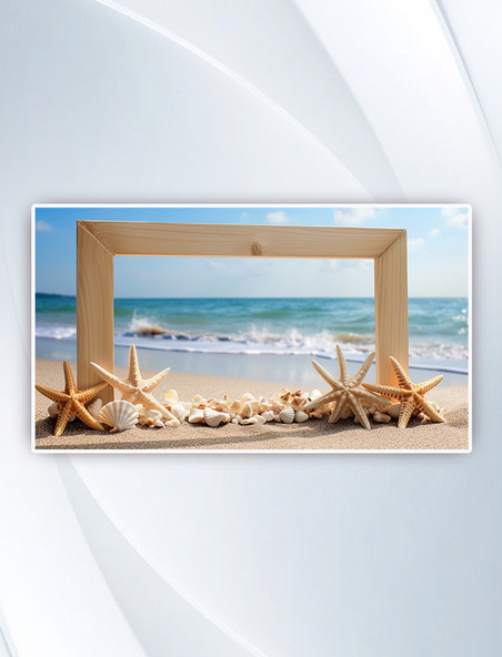 海边沙滩上插着海星的天然木制框架