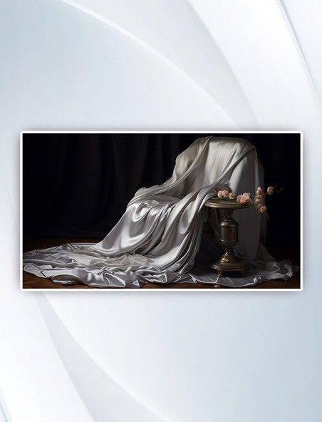 一条银色的丝绸放在椅子上摄影图
