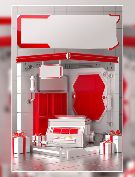 3D红色立体电商促销活动展台场景背景