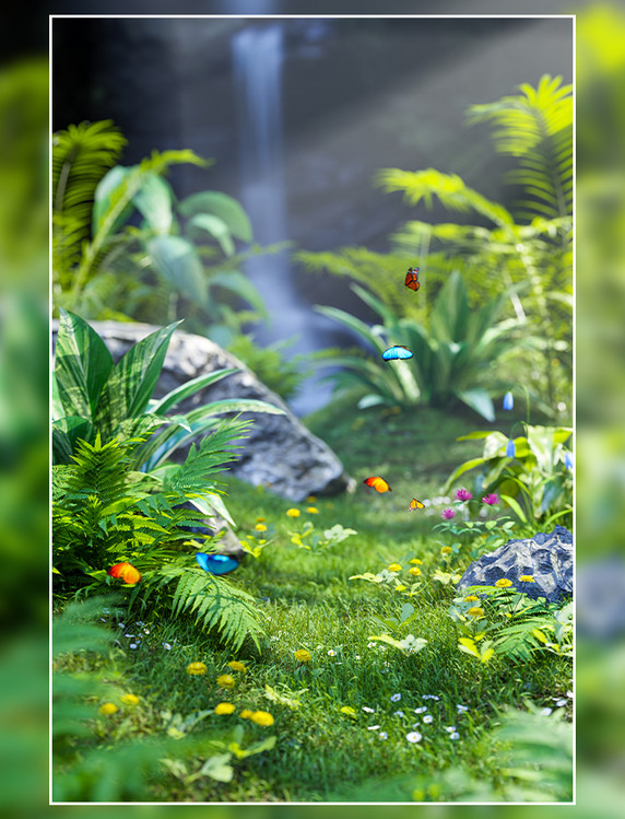 3d仿真植物场景丁达尔效应质感蕨类草地