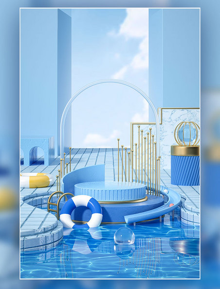 3D立体原创夏日泳池清凉电商促销场景海报