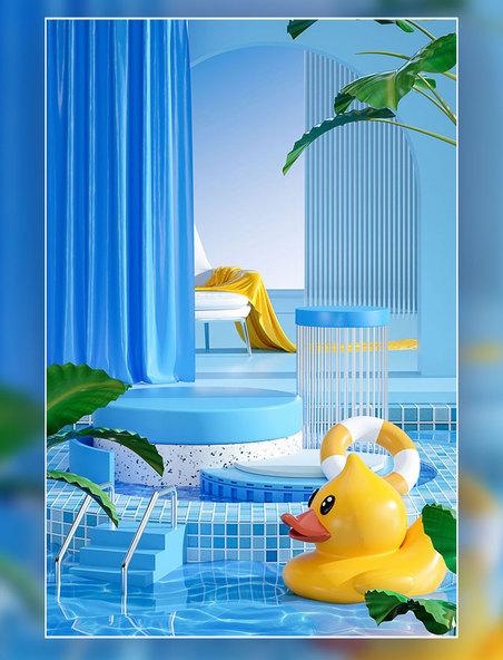 3D立体蓝色泳池夏日泳池清凉电商促销场景海报