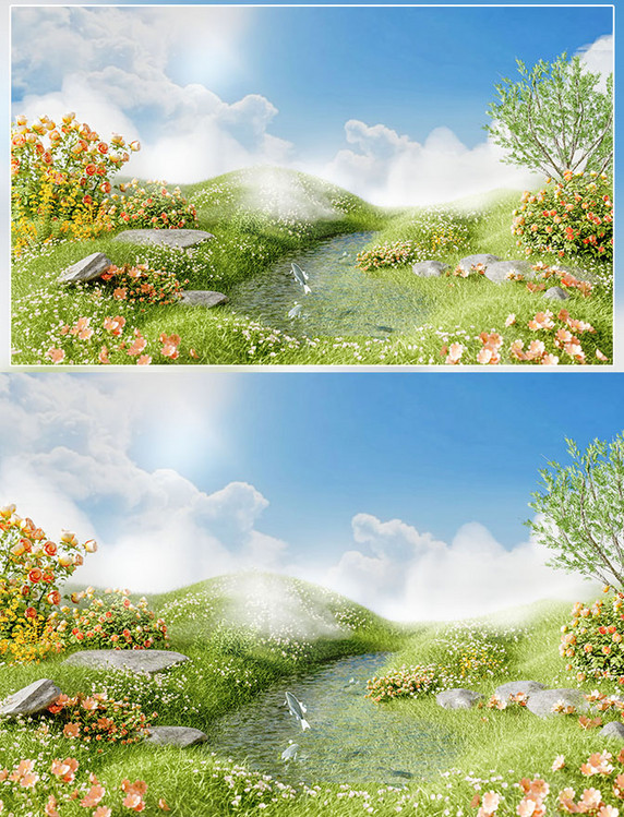 3D立体绿色大自然草地花朵场景
