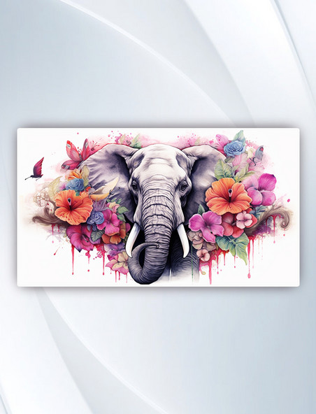 花开精彩大象动物绘图插画