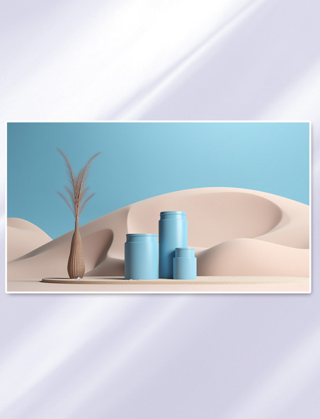 极简主义产品展示台在沙子上浅蓝色背景