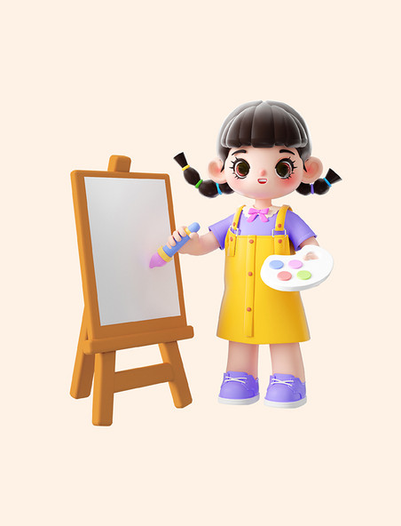 3d立体C4D少儿艺术培训儿童画画小女孩画板