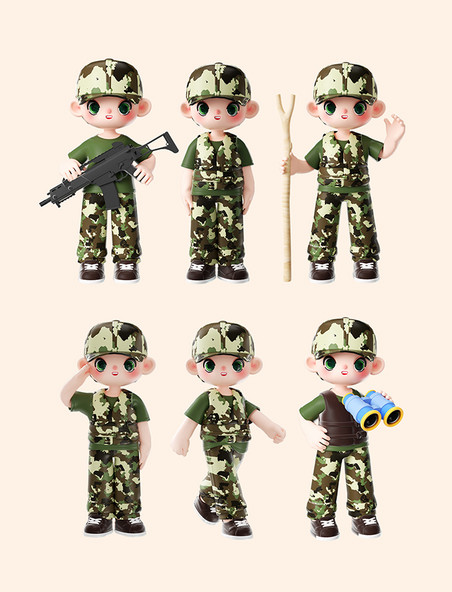 3d立体C4D军事夏令营小孩儿童迷彩服合集