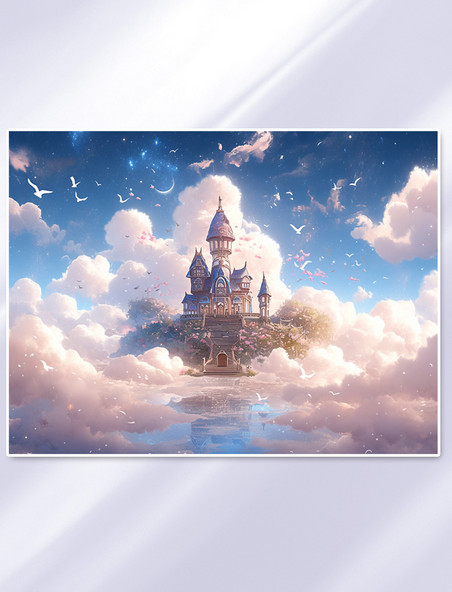 梦幻唯美云朵建筑城堡场景插画