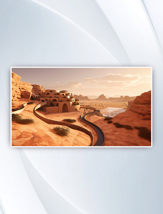 沙漠中的建筑和弯曲的小路风景