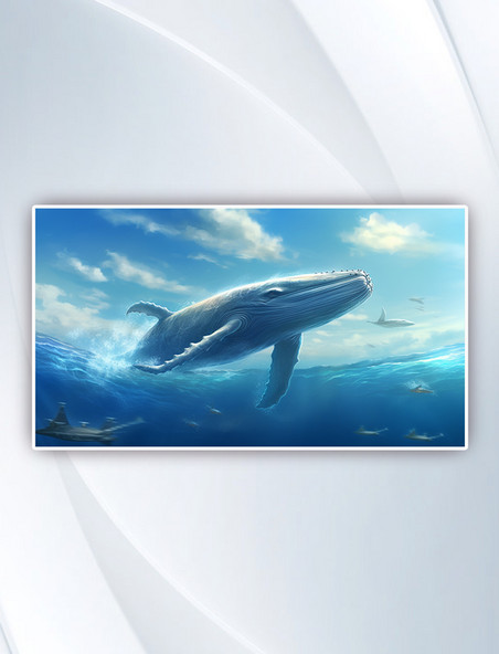 水鲸鱼飞过天空广阔的蓝天插画