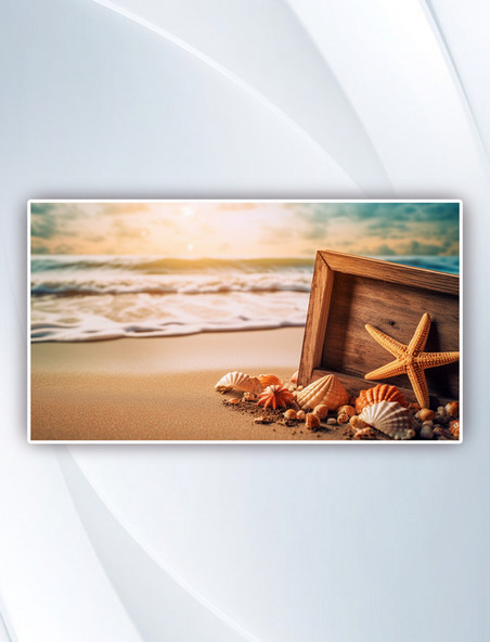 一个插在海滩上的天然木制框架里面有海星和贝壳摄影图大海海洋浪花