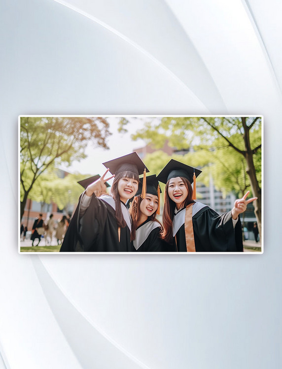 毕业季三个大学生穿着学士服拍毕业照人物摄影