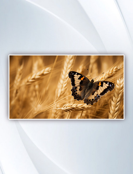 棕色小麦上的黄黑相间的蝴蝶摄影图