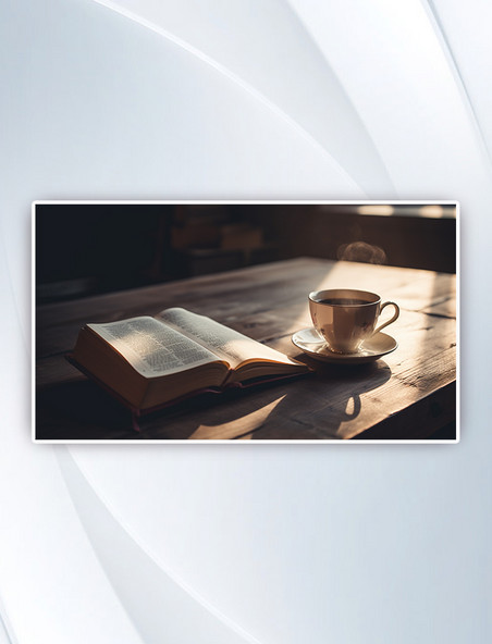 一本打开的书放在一张木桌上旁边是一杯咖啡书本