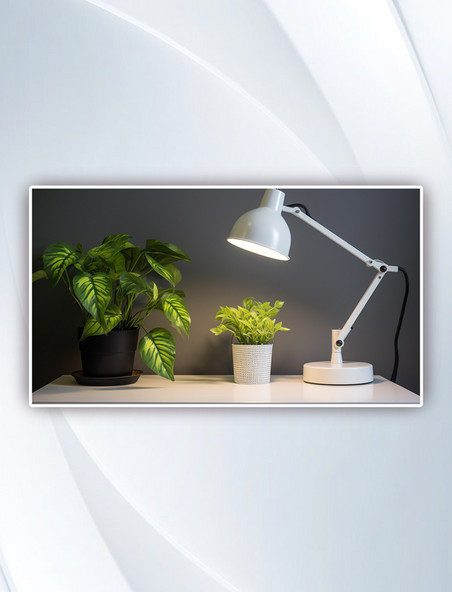 绿色植物旁的白色台灯摄影图