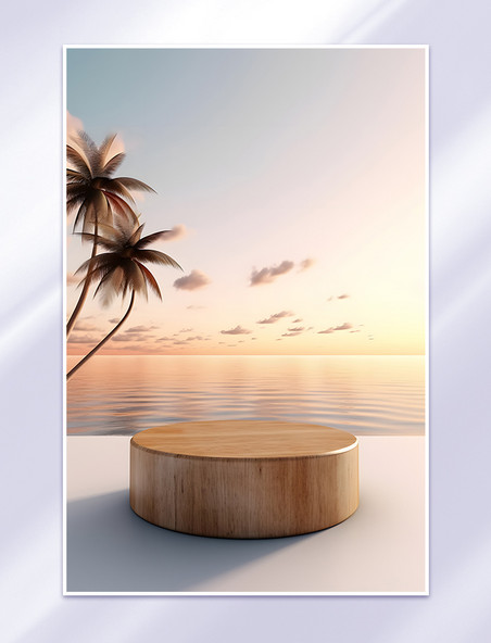 电商夏日海边木头立体展台棕榈树背景