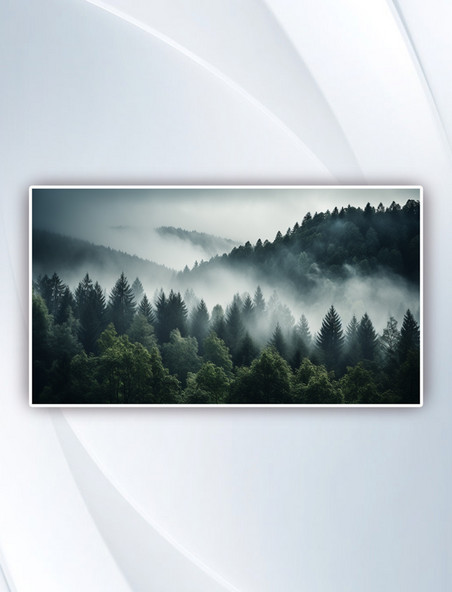笼罩在浓雾和低空云层中的森林简约摄影图