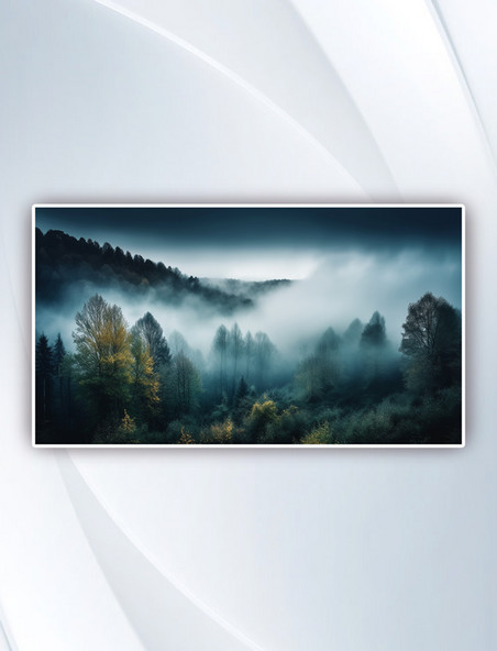笼罩在浓雾和低空云层中的森林摄影图
