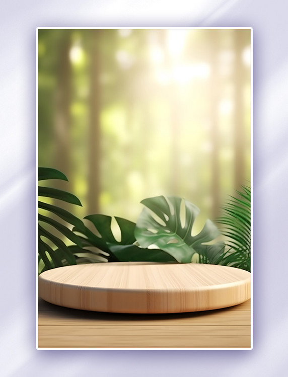 电商海报木色展台自然绿色绿叶背景