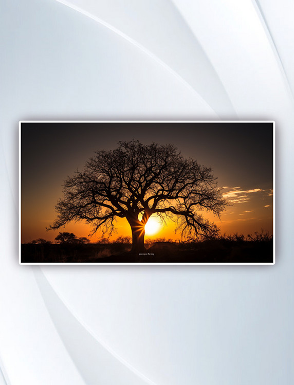 夕阳西下的树木剪影摄影图