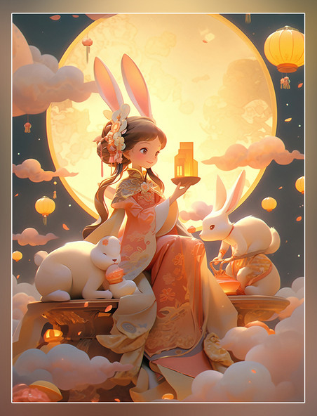中秋节一个可爱的小仙女穿着古只兔子月饼祥云月亮皮克斯风格