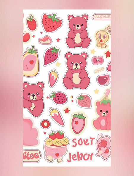 夏季贴纸可爱贴纸粉色草莓可爱的熊