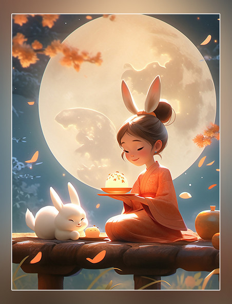 中秋节小仙女穿着古装兔子在女孩身边玩耍月饼祥云月亮皮克斯风格