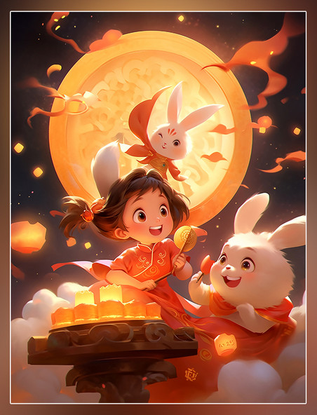 中秋节小仙女穿着古装和一只兔子在女孩身边玩耍月饼祥云月亮皮克斯风格
