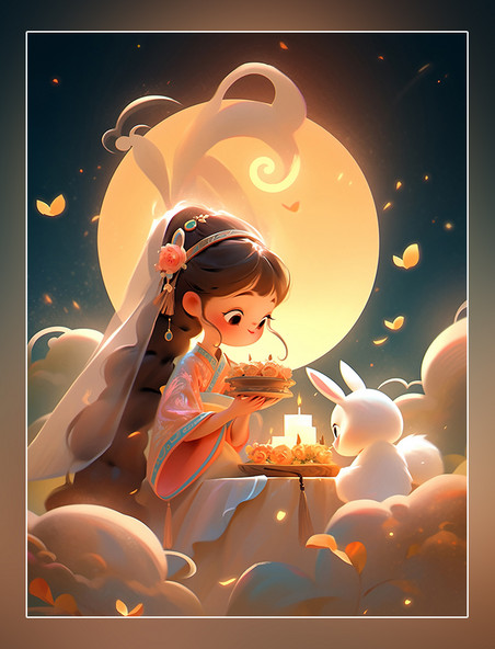 中秋节可爱的小仙女穿着古装和一只兔子在女孩身边玩耍月饼祥云月亮