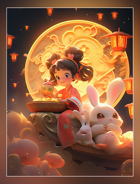 中秋节可爱的小仙女穿着古装和一只兔子在女孩身边玩耍月饼祥云月亮皮克斯风格