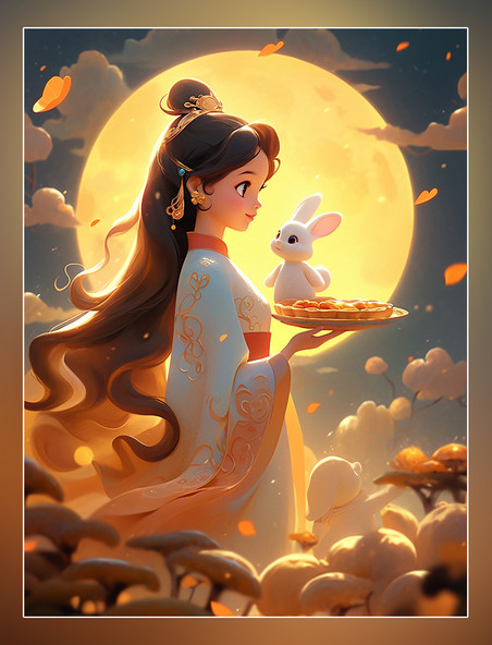 月亮皮克斯风格中秋节一个可爱的小仙女穿着古装和一只兔子在女孩身边玩耍月饼祥云