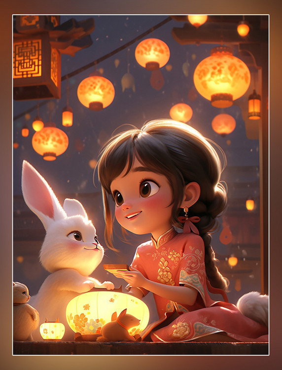中秋节小仙女穿着古装和一只兔子月饼祥云月亮皮克斯风格