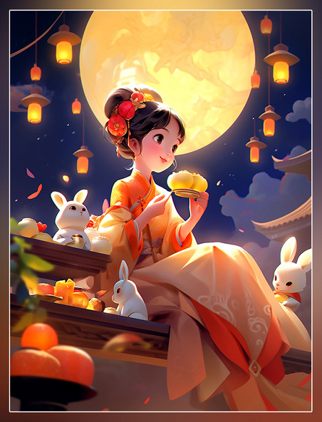 中秋节月饼祥云月亮皮克斯风格一个可爱的小仙女穿着古装和一只兔子在女孩身边玩耍
