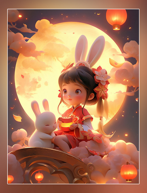 中秋节皮克斯风格可爱的小仙女穿着古装和一只兔子在女孩身边玩耍月饼祥云月亮