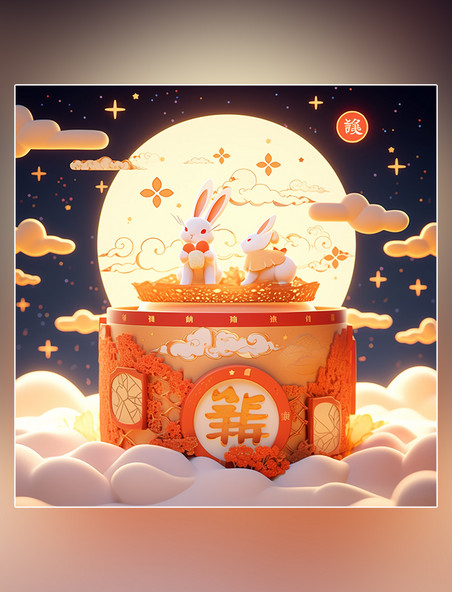 中秋节月饼食品包装盒的包装设计月饼和兔子