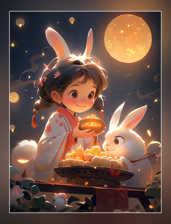  祥云月亮皮克斯风格中秋节一个可爱的小仙女穿着古装和一只兔子在女孩身边玩耍月饼