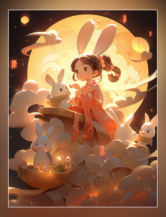 中秋节一个可爱的小仙女穿着古装只兔子月饼祥云月亮皮克斯风格