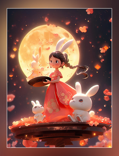 中秋节皮克斯风格一个可爱的小仙女穿着古装和一只兔子在女孩身边玩耍月饼祥云月亮
