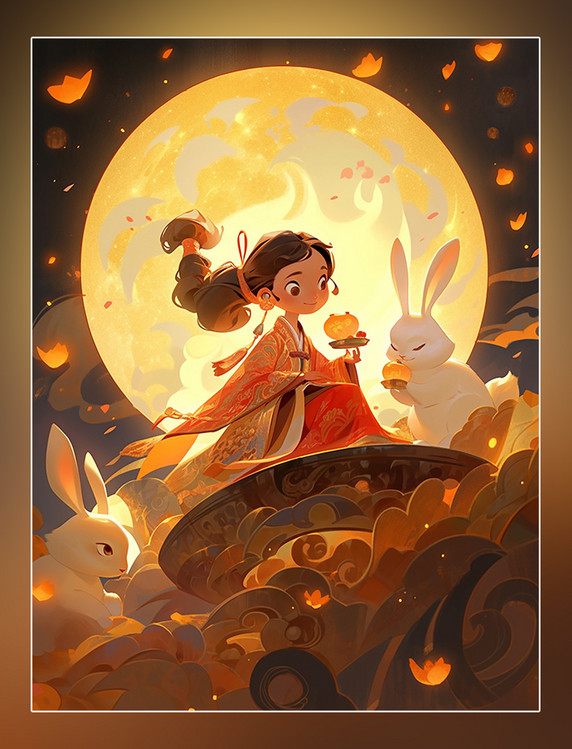 中秋节月饼祥云月亮皮克斯风格一个可爱的小仙女穿着古装和一只兔子在女孩身边玩耍