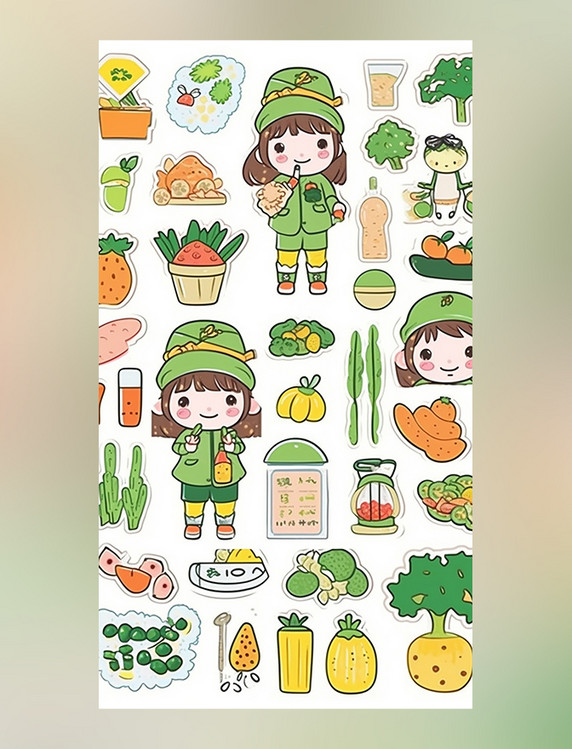 夏季贴纸可爱的女孩贴纸活泼的春天绿色和黄色