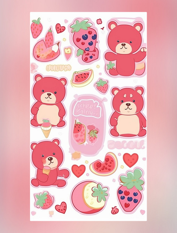 粉色草莓可爱的熊夏季贴纸可爱贴纸
