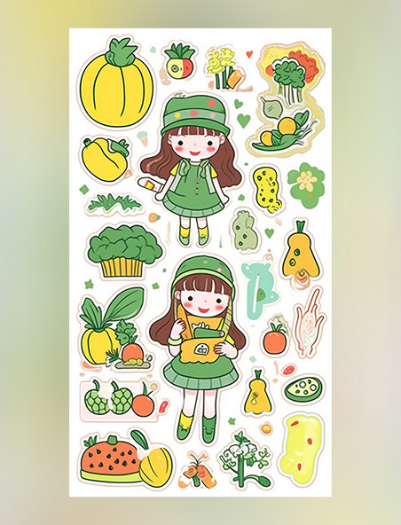 绿色夏季贴纸可爱的女孩贴纸活泼的春天绿色和黄色卷心菜萝卜南瓜
