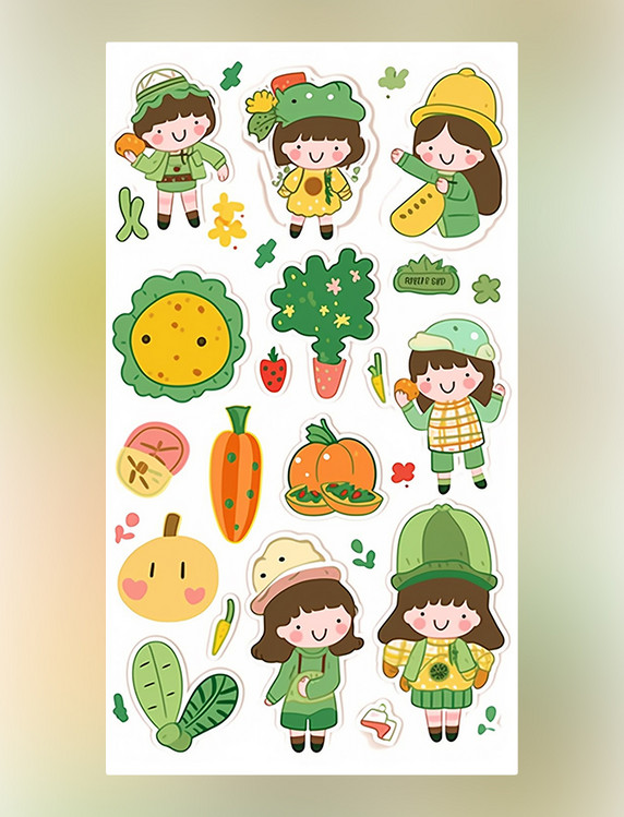 夏季贴纸绿色和黄色卷心菜萝卜南瓜可爱的女孩贴纸活泼的春天