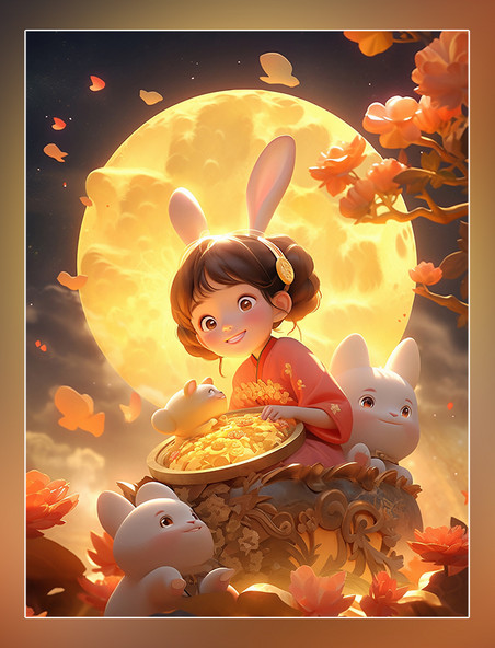 月饼祥云月亮皮克斯风格中秋节一个可爱的小仙女穿着古装和一只兔子在女孩身边玩耍
