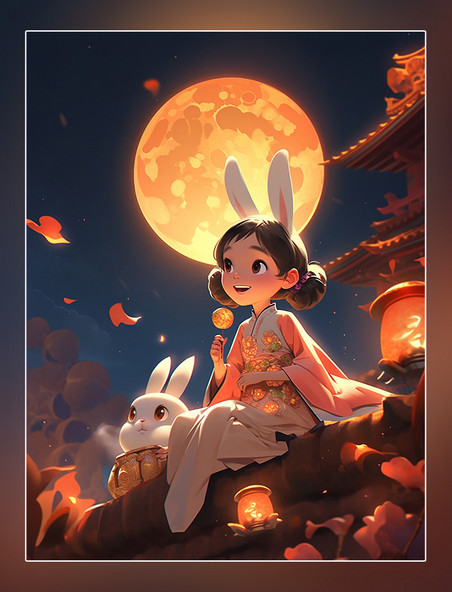 中秋节一个可爱的小仙女穿着古装和一只兔子在女孩身边玩耍月饼祥云月亮皮克斯风格