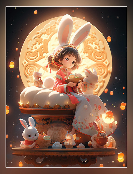 中秋节一个可爱的小仙女穿着古装和一只兔子月饼祥云月亮皮克斯风格