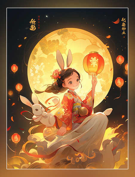 中秋节一只兔子在女孩身边玩耍月饼祥云月亮皮克斯风格